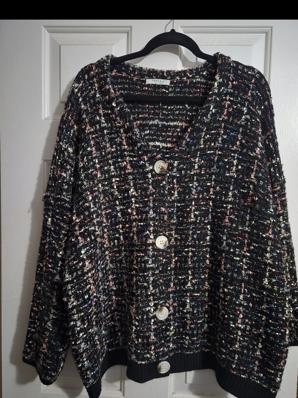 FAVLUX Black Tweed Button Front Cardigan with Multicolor Flecks